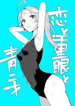 1girl absurdres ahoge armpits arms_behind_head blue_background breasts chihaya_senri commentary_request covered_navel facial_mark forehead_mark greyscale_with_colored_background highres koi_to_senrigan_to_aonisai one-piece_swimsuit ouchi_kaeru ponytail solo swimsuit translation_request wet