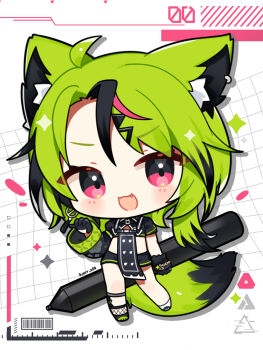 1girl :3 :d ahoge animal_ears black_gloves black_hair black_shoes black_shorts black_shrug black_socks blush chibi chibi_only commentary_request fang fox_ears fox_girl fox_tail full_body gloves green_hair hand_up highres kashiwase_karune long_hair looking_at_viewer multicolored_hair open_mouth original pink_eyes pink_hair shoes short_sleeves shorts shrug_(clothing) smile socks solo standing streaked_hair stylus tail white_background