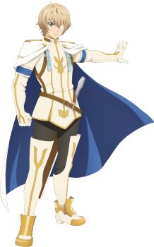 Rule 34 | 1boy, artist request, bandage over one eye, blonde hair, blue cape, cape, full body, game cg, highres, looking at viewer, official art, one eye covered, oscar dragonia, scabbard, sheath, short hair, solo, standing, sword, tales of (series), tales of asteria, tales of berseria, third-party source, transparent background, weapon, white cape