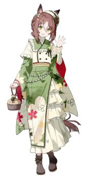 1girl :d absurdres alternate_costume animal_ears ankle_boots boots braid brown_boots brown_hair clover_hat_ornament ears_through_headwear fine_motion_(charming_glittering_journey)_(umamusume) fine_motion_(umamusume) floral_print floral_print_kimono full_body green_eyes green_kimono hair_between_eyes hand_up hat highres horse_ears horse_girl horse_tail japanese_clothes kimono long_sleeves looking_at_viewer medium_hair migolu multicolored_hair open_mouth print_kimono simple_background smile solo standing streaked_hair tail twitter_username umamusume waving white_background white_hair white_hat wide_sleeves