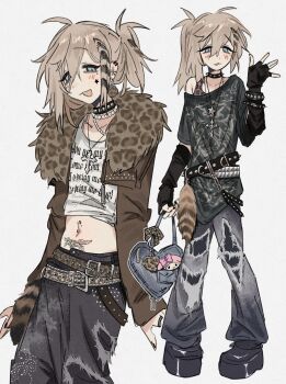 Rule 34 | 1boy, :3, ahoge, alternate costume, animal print, bag, bead necklace, beads, belt, black belt, black gloves, black nails, brown hair, brown jacket, choker, clothes writing, commentary, cowboy shot, crop top, cross, cross necklace, denim, downturned eyes, ear piercing, facial mark, fingerless gloves, full body, fur-trimmed jacket, fur trim, gloves, grey eyes, hair between eyes, heart-shaped bag, highres, holding, holding bag, jacket, jeans, jewelry, kanae (nijisanji), leopard print, long hair, mole, mole under eye, multicolored hair, multiple rings, multiple views, navel, navel piercing, necklace, nijisanji, open mouth, pants, piercing, pigeon-toed, ponytail, pubic tattoo, punk, raccoon tail, ring, shirt, side ponytail, simple background, smile, sp1nosaur, spiked choker, spikes, star (symbol), star facial mark, streaked hair, studded belt, symbol-only commentary, tail, tattoo, torn clothes, torn jeans, torn pants, virtual youtuber, waving, white background, white shirt