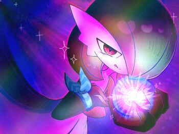 Rule 34 | 1girl, blue background, bob cut, choice scarf, closed mouth, colored skin, dutch angle, energy ball, female focus, flat chest, gardevoir, gen 3 pokemon, glowing, green hair, green skin, hair over one eye, half-closed eyes, hands up, happy, heart, jitome, looking at viewer, moonblast (pokemon), multicolored skin, nintendo, one eye covered, outline, pokemon, pokemon (creature), pokemon move, red eyes, red outline, short hair, smile, solo, sparkle, split mouth, standing, tongue, tongue out, two-tone skin, white skin, wristband, yuri (fl0werspace)