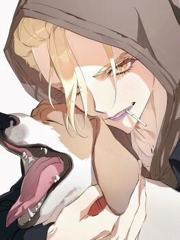 1boy animal blonde_hair candy commentary dog dr._stone eyelashes food hair_over_one_eye highres hikawahomura holding holding_animal hood hood_up hoodie jacket lipstick lollipop looking_at_viewer makeup mouth_hold open_mouth purple_lips shiba_inu shirt simple_background smile solo stanley_snyder_(dr.stone) symbol-only_commentary teeth_hold upper_body white_background yellow_eyes