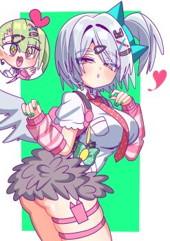 Rule 34 | + +, 1girl, 2girls, :o, anby demara, arm warmers, ass, bag, blush, border, breasts, commentary request, fur-trimmed skirt, fur trim, green background, green eyes, green hair, grey hair, hair ornament, heart, highres, jewelry, looking at viewer, multiple girls, multiple hair clips, necktie, open mouth, pink arm warmers, pink bag, red necktie, rukir777, shirt, short hair, skirt, striped arm warmers, sunna (zenless zone zero), thigh strap, white border, white shirt, white wings, winged bag, wings, zenless zone zero
