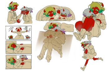 2girls aged_down blue_hair colored_skin commentary_request demon_girl demon_horns green_hair guru.zong highres horns kneesocks_(psg) looking_at_another multiple_girls panty_&amp;_stocking_with_garterbelt red_skin scanty_(psg)