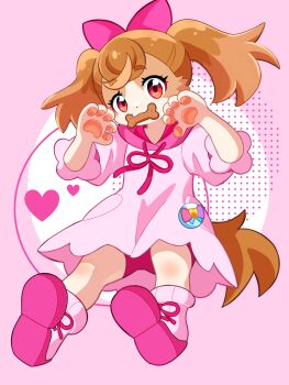 1girl animal_ears animal_hands bone bow brown_hair commentary dog_ears dog_girl dog_tail dress english_commentary furrification furry furry_female hair_bow highres inukai_komugi inukai_komugi_(dog) kuro_(user_uwrm3742) looking_at_viewer mixed-language_commentary pawpads personification pink_bow pink_dress pink_shoes precure recursive_personification red_eyes shoes sneakers solo tail twintails wonderful_precure!