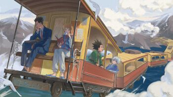 4boys bei_18 bird black_hair blonde_hair blue_eyes blue_suit blue_tabard book briefcase closed_mouth cloud commentary cup dove flying_train formal_clothes glasses gon_freecss hashtag-only_commentary highres holding holding_book holding_cup hunter_x_hunter killua_zoldyck kurapika leorio_paladiknight male_focus mountain multiple_boys necktie open_book reading red_necktie round_eyewear short_hair sitting suit symbol-only_commentary tabard train white_hair