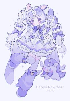 1girl 2026 :o animal_ears blush bow bow_legwear bowtie commentary_request frilled_skirt frilled_sleeves frills full_body glove_bow hair_bow hand_up happy_new_year highres horse_ears japanese_clothes kimono long_hair long_sleeves looking_at_viewer new_year open_mouth original purple_bow purple_bowtie purple_eyes purple_hair purple_kimono purple_shoes purple_skirt shoes simple_background skirt solo standing standing_on_one_leg thighhighs unicorn unicorn_girl unicorn_horn upache white_background white_thighhighs wide_sleeves