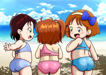 3girls ass beach bikini blue_bikini blue_bow blue_eyes blush bow brown_hair cloud flat_chest from_behind green_eyes hair_bow hairband ikeda_reiko izumi_ruriko komeno kuriki_youko loli looking_at_another multiple_girls ocean open_mouth pink_bikini plump ponytail purple_bikini sand short_hair side_ponytail sky smile standing swimsuit water zettai_muteki_raijin-oh