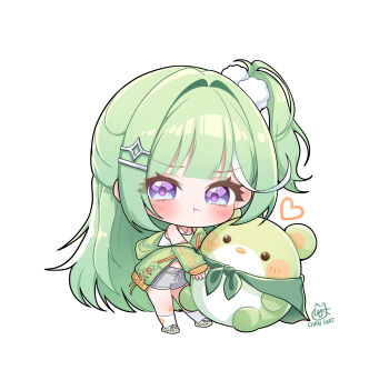 1girl absurdres artist_name bandaid bandaid_on_knee bandaid_on_leg blue_eyes blush butterfly_necklace cape charachan900 chibi chibi_only chico_(yuzuha_riko) closed_mouth commentary_request creature crop_top green_cape green_hair green_jacket grey_shorts hair_ornament hairclip heart highres jacket jewelry korean_commentary long_sleeves midriff multicolored_eyes multicolored_hair one_side_up pom_pom_(clothes) pom_pom_hair_ornament pout print_socks purple_eyes shoes shorts simple_background socks stellive streaked_hair virtual_youtuber white_background white_hair white_socks yuzuha_riko