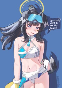 1girl absurdres animal_ears artist_name black_hair blue_archive blue_background blue_eyes breasts cheerleader dog_ears dog_girl dog_tail english_text goggles goggles_on_head halo hibiki_(blue_archive) hibiki_(cheer_squad)_(blue_archive) highres holding holding_pom_poms long_hair looking_at_viewer millennium_cheerleader_outfit_(blue_archive) navel official_alternate_costume open_mouth panties pom_pom_(cheerleading) pom_poms pyruvate simple_background skirt solo speech_bubble star_(symbol) star_sticker sticker sticker_on_arm sticker_on_face tail talking underwear white_panties yellow_halo