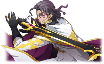 1boy artist_request bangs_pinned_back bismarck_waldstein black_gloves cape code_geass code_geass:_lost_stories facial_hair fighting_stance forehead game_cg geass gem gloves glowing glowing_eyes goatee grey_eyes grey_hair happy heterochromia highres holding holding_sword holding_weapon jacket leaning_forward long_sleeves male_focus military_uniform non-web_source official_art open_mouth pants pink_eyes purple_gemstone short_hair simple_background smile solo standing sword teeth transparent_background two-handed two-sided_cape two-sided_fabric weapon white_cape white_jacket white_pants