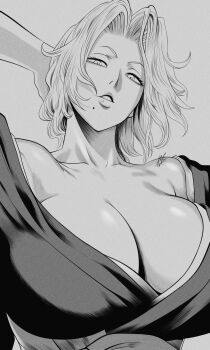 1girl arm_behind_head artist_name bare_shoulders bleach bleach:_sennen_kessen-hen breasts cleavage collarbone female_focus greyscale highres japanese_clothes large_breasts looking_at_viewer matsumoto_rangiku medium_hair mole mole_under_mouth monochrome mostlybluewyatt parted_lips shihakusho short_hair simple_background solo solo_focus upper_body