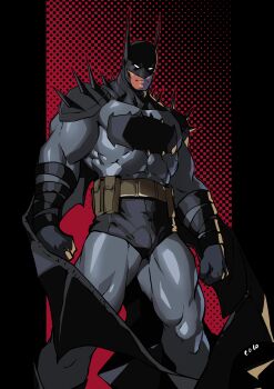 1boy absolute_batman absolute_dc absurdres animal_ears animal_print bara bat_ears bat_print batman belt black_cape black_gloves black_mask black_panties bodysuit bulge cape clenched_hands cody_conyers_(stellaravenger) commentary covered_abs dc_comics english_commentary feet_out_of_frame gloves grey_belt grey_bodysuit highres large_pectorals looking_at_viewer male_focus manly muscular muscular_male panties pectorals solo spikes superhero_costume thick_thighs thighs underwear utility_belt white_eyes
