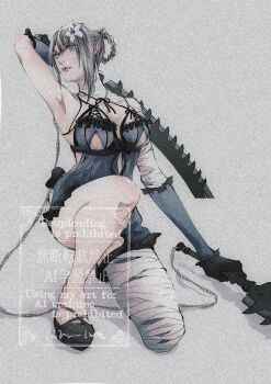 1girl armpits asymmetrical_bangs bandaged_arm bandaged_leg bandaged_neck bandages braid braided_hair_rings breasts commentary_request flower grey_hair hair_flower hair_ornament hair_rings highres holding holding_sword holding_weapon kaine_(nier) large_breasts lingerie looking_up negligee nier nier_(series) on_one_knee parted_bangs ruuu1219 sidelocks solo sword underwear watermark weapon white_flower