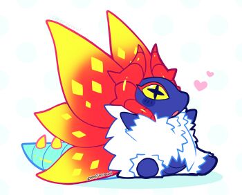 arms_up artist_name bug commentary creepincrawl cross-shaped_pupils english_commentary from_side full_body fur heart highres horns insect insect_wings moth moth_wings nintendo no_humans open_mouth pokemon pokemon_(creature) signature slither_wing solo spiked_tail symbol-shaped_pupils tail white_fur wings