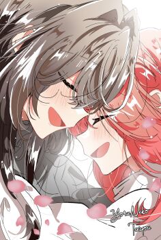 2girls asanagi_yori black_hair blush closed_eyes commentary falling_petals highres kino_himari long_hair multiple_girls open_mouth orange_hair petals sasayaku_you_ni_koi_wo_utau yoruneko_(liampadolina) yuri