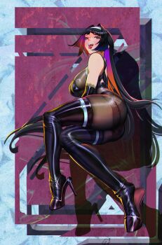 1girl absurdres alternate_costume ass astra_yao bare_shoulders black_gloves black_hair black_leotard black_thighhighs blue_background bodystocking breasts brown_pantyhose colored_inner_hair commentary dithered_background elbow_gloves english_commentary from_side full_body gloves hair_intakes hairband hhhhhddd_audn high_heels highres large_breasts latex latex_gloves latex_thighhighs leotard long_hair looking_at_viewer mole multicolored_hair open_mouth pantyhose purple_shoes red_background red_eyes shadow shoes solo thighhighs thighs tongue tongue_out white_hairband zenless_zone_zero