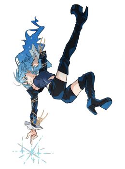 1girl ass black_boots black_shorts black_sleeves blue_eyes blue_hair blue_shirt boots breasts commentary_request detached_sleeves earrings floating_hair full_body high-waist_shorts high_heel_boots high_heels highres hololive hoshimachi_suisei jewelry leg_up legs_up long_hair official_alternate_costume one_eye_closed outstretched_arm pointing pointing_down primadonna_(hoshimachi_suisei) shirt shorts shoulder_pads_(fashion) simple_background small_breasts smile solo star_(symbol) star_earrings tauyoshi728 thigh_boots virtual_youtuber white_background