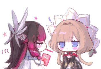 2girls blue_eyes blush brown_hair chibi chibi_only columbina_(genshin_impact) commentary_request dress food food_in_mouth genshin_impact hair_ornament looking_at_another mouth_hold multicolored_hair multiple_girls pocky pocky_in_mouth sandrone_(genshin_impact) simple_background sketch ssinnamoonroll two-tone_hair white_background wing_hair_ornament