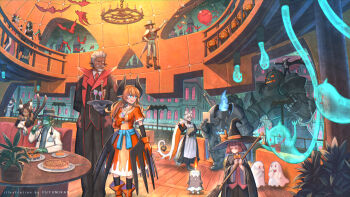 >_< 2boys 6+girls alcohol animal_ears artist_name bat_(animal) black_dress black_hair black_hat black_thighhighs blue_eyes blunt_bangs boots bow bowtie breasts broom brown_eyes brown_hair cat_ears cat_girl cat_tail chandelier closed_eyes commentary_request cup cupcake dark-skinned_female dark-skinned_male dark_skin dress drinking_glass dullahan facial_hair flower_pot food fox_ears fox_girl fox_tail ghost gloves goatee grey_hair hair_over_one_eye halloween hat hat_bow hat_ribbon highres holding holding_broom holding_tray horns indoors lab_coat long_hair looking_at_another low_twintails maid medium_breasts monocle multiple_boys multiple_girls multiple_tails mustache nagi_itsuki orange_boots orange_bow orange_bowtie orange_gloves orange_ribbon original plant plate potted_plant red_eyes red_hair ribbon scenery sheath sheathed short_hair standing stethoscope sword table tail thighhighs tray twintails weapon wine wine_glass witch witch_hat zombie