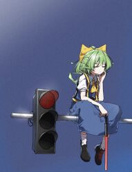 Rule 34 | 1girl, ascot, black footwear, blue skirt, blue sky, blue vest, bow, closed eyes, collared shirt, cookie (touhou), daiyousei, diyusi (cookie), full body, green hair, hair between eyes, hair bow, hand on own face, hand up, high-visibility vest, highres, holding baton, medium hair, no wings, ponytail, puffy short sleeves, puffy sleeves, red light, shirt, short sleeves, sitting, sitting on object, skirt, sky, socks, solo, sunlight, touhou, traffic baton, traffic light, traveler hxy, vest, white shirt, white socks, yellow ascot, yellow bow