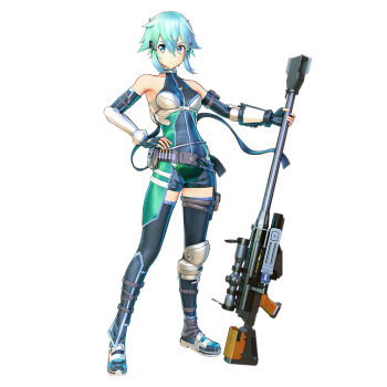 1girl asada_shino blue_hair boots female_focus green_eyes gun official_art rifle short_hair sniper sniper_rifle solo sword_art_online sword_art_online:_fatal_bullet tagme thigh_boots thighhighs weapon