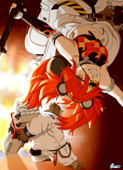 1boy 1girl absurdres ahoge animal_ears bara bare_shoulders bear_boy bear_ears ben_bigger black_gloves breasts brown_fur chain chain_necklace crop_top eyepatch fake_animal_ears fingerless_gloves furry furry_male gloves hair_between_eyes hair_ornament highres himuronanart holding jacket jewelry koleda_belobog long_hair looking_at_viewer male_focus midriff navel necklace pants red_eyes red_hair scar scar_across_eye scar_on_face sphere_hair_ornament twintails white_jacket zenless_zone_zero