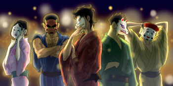 5boys arm_hair black_hair blue_kimono chest_hair commentary_request crossed_arms daima_jin fox_mask green_kimono high_school!_kimengumi ichidou_rei japanese_clothes kimono male_focus mask monohoshi_dai multiple_boys night nika_(nikasa_an) oni_mask outdoors pectorals pink_kimono red_kimono reietsu_gou shusse_kiyoshi standing yellow_kimono