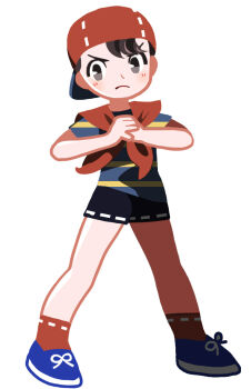 Rule 34 | 1boy, backwards hat, baseball cap, black eyes, black hair, black shorts, closed mouth, commentary request, fist in hand, frown, full body, hat, highres, looking at viewer, male focus, mother (series), mother 1, neckerchief, ninten, nintendo, pac-man eyes, red hat, red neckerchief, red socks, shirt, shoes, short hair, short sleeves, shorts, simple background, sneakers, socks, solo, standing, striped clothes, striped shirt, tanba (tanba-art), v-shaped eyebrows, white background