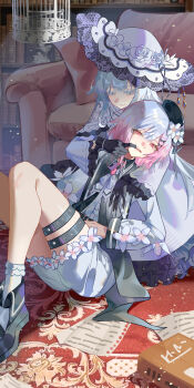 absurdres black_gloves cage comet-c couch dress finger_in_another&#039;s_mouth from_behind gloves gradient_hair grey_eyes grey_hair hat highres hug hug_from_behind indoors long_hair long_sleeves looking_at_another mahou_shoujo_no_majo_saiban multicolored_hair pink_hair red_eyes sakuraba_ema sitting spoilers thigh_strap tsukishiro_yuki white_dress white_hair white_hat