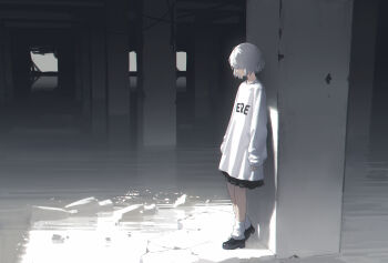 1girl abandoned absurdres arms_at_sides black_shoes black_skirt closed_mouth clothes_writing commentary from_side full_body grey_hair highres indoors laluna long_sleeves loose_socks original pillar print_sweater scenery shoes short_hair skirt sleeves_past_wrists socks solo standing sweater white_socks white_sweater