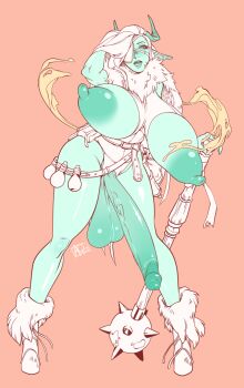 Rule 34 | 1futa, belt, boots, breasts, eyepatch, full-package futanari, full body, functionally nude, futanari, highres, horns, huge breasts, huge penis, huge testicles, large areolae, long hair, mace, mcarson, nipples, open mouth, penis, pointy ears, puffy nipples, simple background, solo, standing, testicles, torn clothes, watermark, weapon