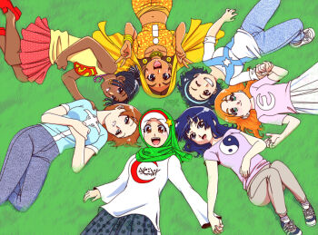 ! 6+girls :d ;d ancient_egyptian_clothes artist_name bare_shoulders bindi black_eyes black_hair blue_eyes bracelet breasts brown_eyes brown_hair circle_formation clothes_writing commentary_request crescent cross dark-skinned_female dark_skin day dc_comics denim double_v dreadlocks earrings eyelashes facial_mark field freckles from_above grass green_eyes green_hijab grin hairband hand_on_another's_shoulder hands_on_own_chest head_tilt hexagram hijab hinduism holding_hands interlocked_fingers jeans jewelry knees_up lips loafers long_hair looking_up lying midriff multiple_girls navel nayzak necklace on_back on_side one_eye_closed open_mouth orange_hair original outdoors pants parted_lips pearl_necklace ponytail red_footwear shirt shoelaces shoes short_sleeves skirt sleeveless sleeveless_shirt smile sneakers star_(symbol) star_of_david stomach superman_(series) t-shirt tank_top tareme teeth thick_eyebrows unmoving_pattern v veil watermark yin_yang