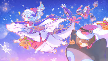 absurdres animal arknights black_cat black_hair blue_eyes blue_hair blue_sky bow braid brown_eyes brown_hair cat character_request chibi crossed_arms dog dragon eyes_visible_through_hair floating_hair fur-trimmed_headwear fur-trimmed_jacket fur_trim green_eyes grey_hair hair_between_eyes hair_over_one_eye hat highres horns jacket long_hair mini_person miniboy miss_christine_(arknights) mittens multicolored_hair myluche night outdoors pants phantom_(arknights) purple_eyes puzzle_(arknights) red_bow red_hat red_jacket red_mittens red_pants sack santa_costume santa_hat signature single_braid sky sleigh snowflakes sparkle streaked_hair tragodia_(arknights) twitter_username very_long_hair