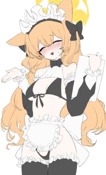 1girl animal_ears apron bikini black_bikini black_thighhighs blue_archive breasts commentary_request cowboy_shot detached_sleeves fox_ears fox_girl frilled_apron frilled_thighhighs frills front-tie_bikini_top front-tie_top kabedoru long_hair long_sleeves maid maid_bikini maid_headdress mari_(blue_archive) medium_breasts orange_hair solo standing swimsuit thighhighs unconventional_maid unfinished waist_apron white_apron