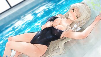 1girl armpits bare_arms bare_legs black_one-piece_swimsuit blue_archive blurry blurry_background blush bow breasts brown_hair cleavage closed_mouth collarbone commentary_request covered_navel dan-98 green_halo hair_bow halo highres long_hair looking_at_viewer lying miyo_(blue_archive) on_back one-piece_swimsuit pool poolside school_swimsuit sidelocks solo swimsuit very_long_hair white_bow yellow_eyes