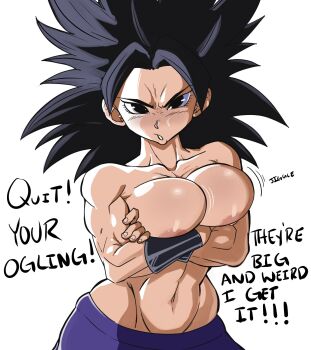 1girl black_eyes black_hair breasts breasts_out caulifla covering_breasts covering_privates crossed_arms dragon_ball dragon_ball_super english_text hands_on_own_chest highres large_breasts muscular muscular_female navel pout pseudocel solo spiked_hair topless_female white_background wrist_cuffs wristband