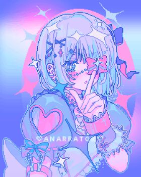 1girl :o animated animated_gif apangbai_(anarrator) apron armlet artist_name bead_necklace beads blinking blue_background blue_bow blue_eyes blue_hair blue_outline blue_ribbon bow bow_eyepatch bowtie bracelet bright_pupils chain chinese_commentary choker closed_mouth clothing_cutout colored_inner_hair commentary_request cross-laced_armwear eyelashes eyepatch finger_to_mouth floating_hair frilled_apron frilled_arm_warmers frilled_sleeves frills gradient_background grey_arm_warmers grey_bow grey_bowtie grey_hair grey_shirt hair_bow hair_ornament hair_ribbon hairclip hand_on_own_chin happy heart heart_cutout heart_print highres jewelry light_blush limited_palette lipstick looping_animation makeup multicolored_hair necklace open_mouth original outline pastel_colors pink_bow pink_lips pink_ribbon pixel_art puffy_short_sleeves puffy_sleeves ribbon shirt short_hair short_sleeves shoulder_cutout sleeve_bow smile solo sparkle sparkle_hair_ornament surprised tress_ribbon upper_body watermark white_apron white_choker white_pupils wind