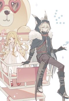 1boy 1girl :d absurdres animal_ear_hood animal_hood belt blonde_hair blue_cloak blue_eyes blue_gloves blue_hood brown_pants cat_hood child claws cloak crossed_bangs drawn_ears dress elbow_gloves fake_animal_ears fur-trimmed_cloak fur_trim gloves heart height_difference highres hood hood_up hooded_cloak identity_v in_shopping_cart ithaqua_(identity_v) light_blush looking_at_viewer mary_janes memory_(identity_v) multiple_belts no_mask no_nose open_mouth pants red_shoes shoes shopping_cart smile sparkle stilts wavy_hair white_dress yellow_eyes yue_(shemika98425261)