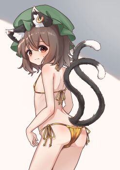1girl absurdres animal_ear_fluff animal_ear_piercing animal_ears ass bikini blush breasts brown_eyes brown_hair cat_ears cat_girl cat_tail chen from_behind gold_bikini green_hat hat highres loli looking_back micro_bikini mob_cap multiple_tails short_hair side-tie_bikini_bottom small_breasts solo swimsuit tail thighs touhou tsubakipan two_tails