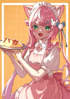 1girl absurdres animal_ears apron blush cat_ears commentary_request dress fang food green_eyes grid_background hair_ornament hairclip highres long_hair looking_at_viewer magurosamm multicolored_hair nijisanji omelet omurice open_mouth pink_apron pink_dress pink_hair puffy_short_sleeves puffy_sleeves shirt short_sleeves skin_fang solo streaked_hair virtual_youtuber white_shirt white_streaks yang_nari