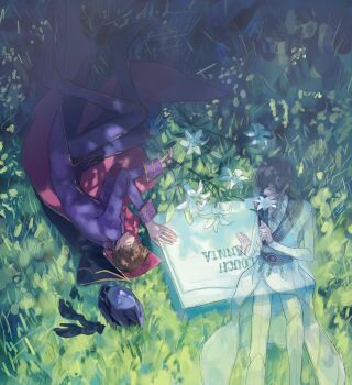 Rule 34 | 2boys, absurdres, black gloves, black hair, brown hair, closed eyes, code geass, flower, formal clothes, ghost, gloves, gold trim, grass, grave, hair between eyes, helmet, highres, holding, holding flower, jacket, kururugi suzaku, lelouch vi britannia, lily (flower), lying, male focus, multiple boys, on side, panties, sitting, smelling, smelling flower, suit, tombstone, underwear, unworn gloves, unworn headwear, unworn helmet, white flower, white jacket, white panties, white suit, yorusl, zero (code geass)