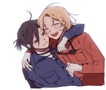 1boy 1girl ahoge arm_around_neck bad_id bad_twitter_id blonde_hair breast_pocket brown_hair buttons closed_eyes commentary fang gloves goggles goggles_around_neck hair_between_eyes happy hug identity_v light_blush long_sleeves luca_balsa mechanic orange_shirt pocket shirt short_hair simple_background smile striped_clothes striped_shirt teeth tracy_reznik turtleneck turtleneck_shirt untranslatable_commentary upper_body upper_teeth_only white_background white_gloves white_shirt yp_(pypy_5_)