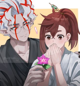 ! 1boy 1girl alternate_costume alternate_hairstyle ayase_momo black_kimono black_nails blush border brown_eyes brown_hair closed_mouth collarbone commission couple covering_own_mouth crossed_bangs dandadan fang flower glasses hair_between_eyes hair_ornament hand_on_another&#039;s_shoulder hetero high_ponytail highres holding holding_flower japanese_clothes kimono light_smile looking_at_another looking_at_flowers mixed-language_commentary multicolored_hair outside_border pink_flower pointy_ears ponytail red_eyes red_hair round_eyewear short_hair single_sidelock takakura_ken_(dandadan) takakura_ken_(transformed)_(dandadan) transformation twitter_username two-tone_hair white_border white_hair white_kimono wolf6481 yellow_background