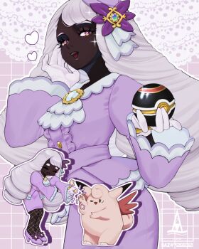 1girl ^_^ ascot az47266321 brooch chibi chibi_inset clefable closed_eyes dark-skinned_female dark_skin dress eyelashes fascinator fishnet_pantyhose fishnets fist_bump frilled_ascot frills gem gen_1_pokemon glint gloves half-closed_eyes hands_up heart high_heels highres holding holding_poke_ball jacinthe_(pokemon) jewelry juliet_sleeves lace_background long_hair long_sleeves looking_at_viewer looking_down low_drills luxury_ball mega_stone nintendo one_eye_closed open_mouth pantyhose poke_ball pokemon pokemon_(creature) pokemon_legends:_z-a puffy_sleeves purple_dress purple_eyes purple_hair purple_shoes shoes smile solo_focus sparkle teeth upper_teeth_only very_dark_skin wings