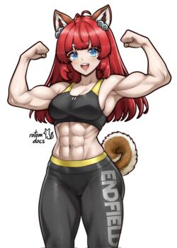 1girl abs akekuri_(arknights) animal_ears arknights arknights:_endfield artist_name black_pants black_sports_bra blue_eyes breasts commentary commission cowboy_shot english_commentary flexing highres ko-fi_commission long_hair looking_at_viewer medium_breasts muscular muscular_female open_mouth pants red_hair rotomdocs simple_background smile solo sports_bra standing tail teeth upper_teeth_only white_background workout_clothes