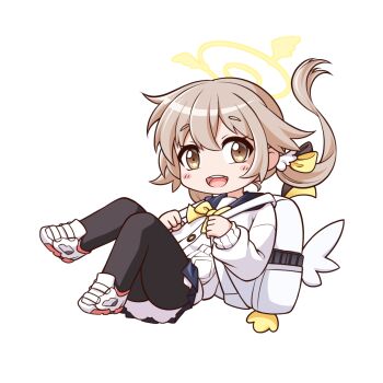 1girl backpack bag black_pantyhose blonde_hair blue_archive blue_sailor_collar blue_skirt blush bow brown_eyes cardigan chibi commentary full_body hair_between_eyes hair_bow halo hifumi_(blue_archive) jiwon_(sj1) long_hair long_sleeves looking_at_viewer low_twintails open_mouth pantyhose pleated_skirt sailor_collar shoes sidelocks simple_background skirt solo teeth twintails upper_teeth_only white_background white_bag white_cardigan white_shoes yellow_halo