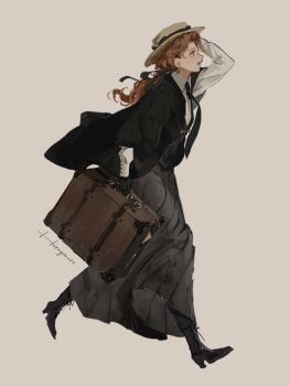 1girl black_boots black_dress black_gloves black_jacket black_ribbon black_thighhighs black_vest blue_eyes boater_hat boots collared_shirt dress from_side full_body gloves gynger_edventray_(hiiragimare) hair_ribbon hand_on_own_head hat highres hiiragimare hogwarts_legacy holding holding_suitcase jacket long_hair neck_ribbon open_clothes open_jacket open_mouth original ponytail red_hair ribbon shirt simple_background solo straw_hat suitcase thighhighs vest walking white_background white_shirt wizarding_world