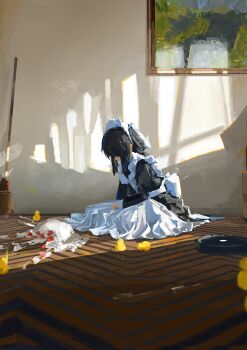 Rule 34 | 1girl, absurdres, apron, black dress, black hair, broom, cake, commentary, dress, dropped food, english commentary, food, frilled apron, frills, fruit, highres, indoors, koukouya, long sleeves, maid, maid apron, maid headdress, medium hair, on floor, original, painting (object), rubber duck, sidelocks, solo, strawberry, sunlight, white apron